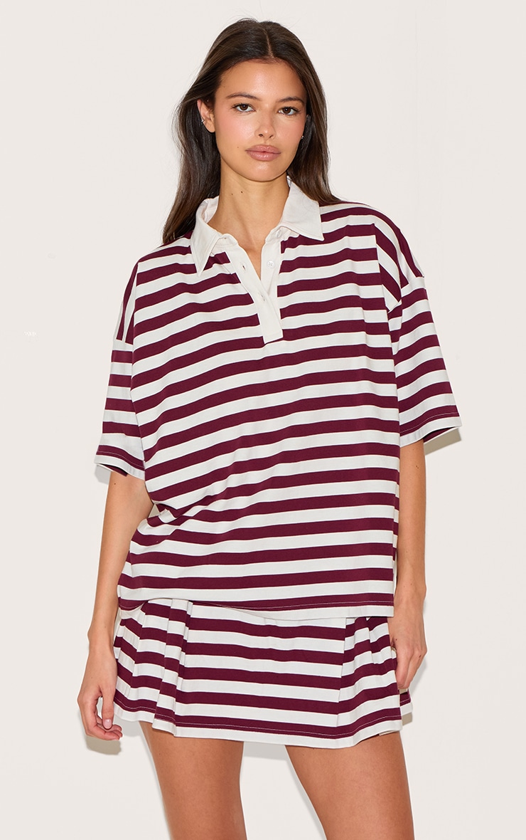 Red Striped Oversized Collared T-shirt | Co-ords