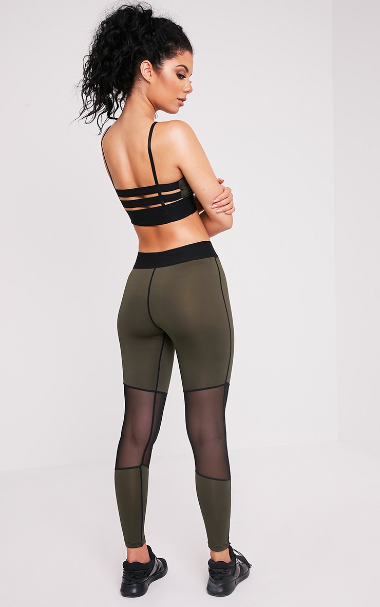 Leona Khaki Mesh Panelled Gym Leggings PrettyLittleThing USA