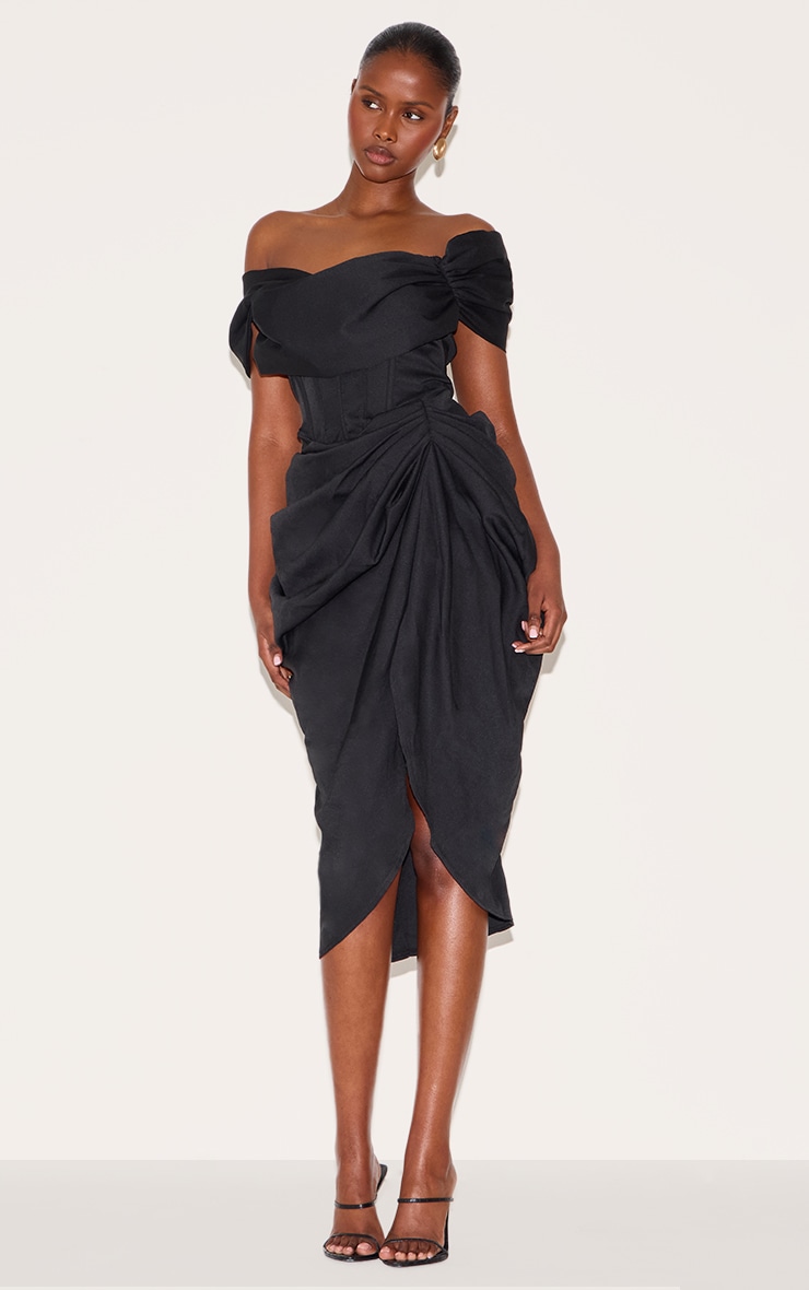 Black Corset Bardot Draped Midi Dress image 3