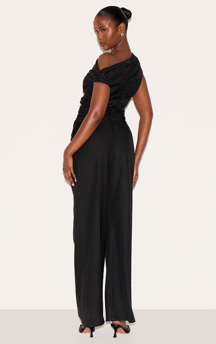 Black Woven Ruched One Sleeve Jumpsuit image 2