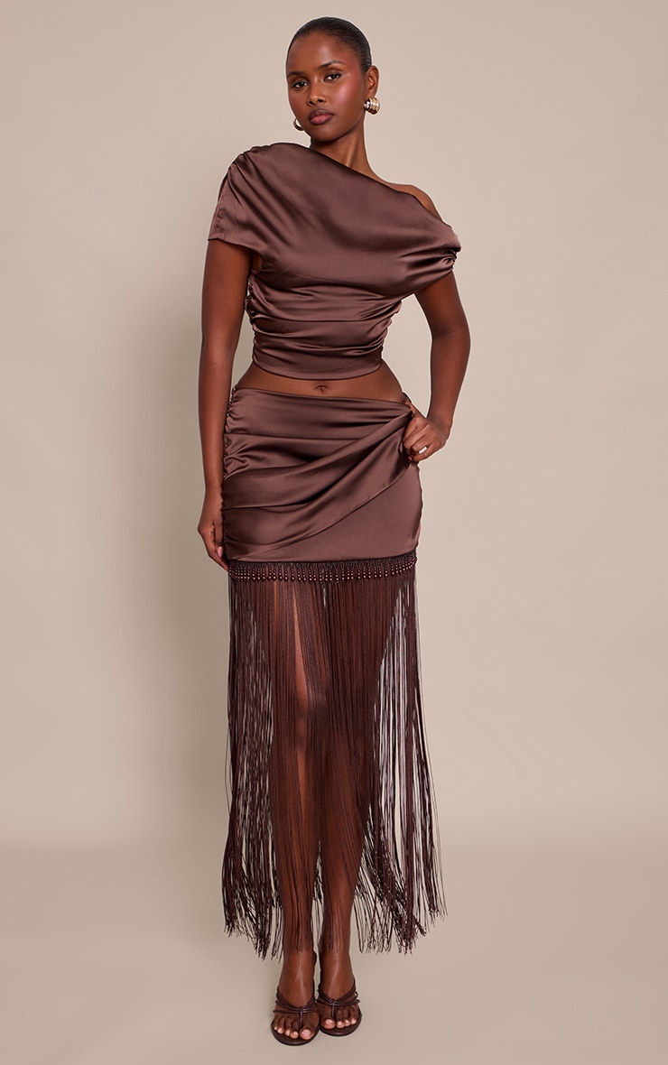 Chocolate Brown Satin Beaded Tassel Hem Mini Skirt image 4