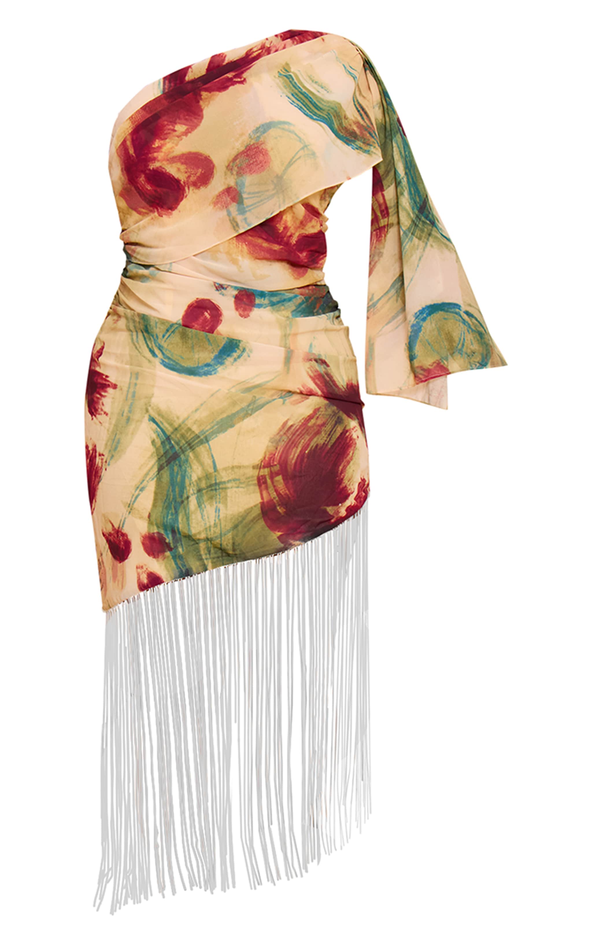Shape Olive Abstract Print Fringe Hem One Shoulder Mini Dress image 5