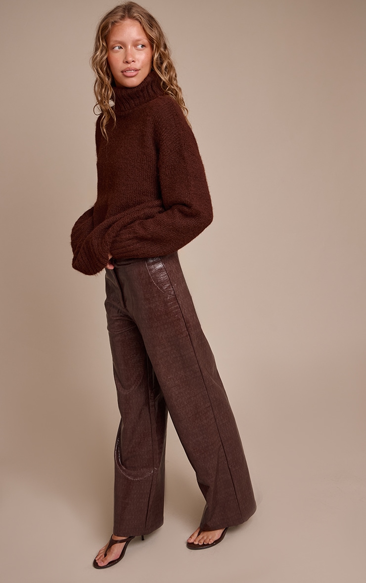 Dark Chocolate Faux Leather Croc Print Straight Leg Pants image 2