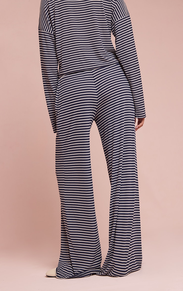Navy Ribbed Striped Drawstring Wide Leg Pant image 3