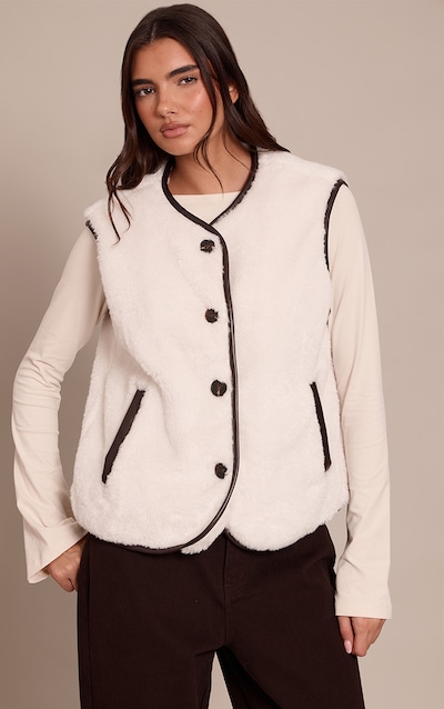 Cream Borg Faux Leather Trim Gilet