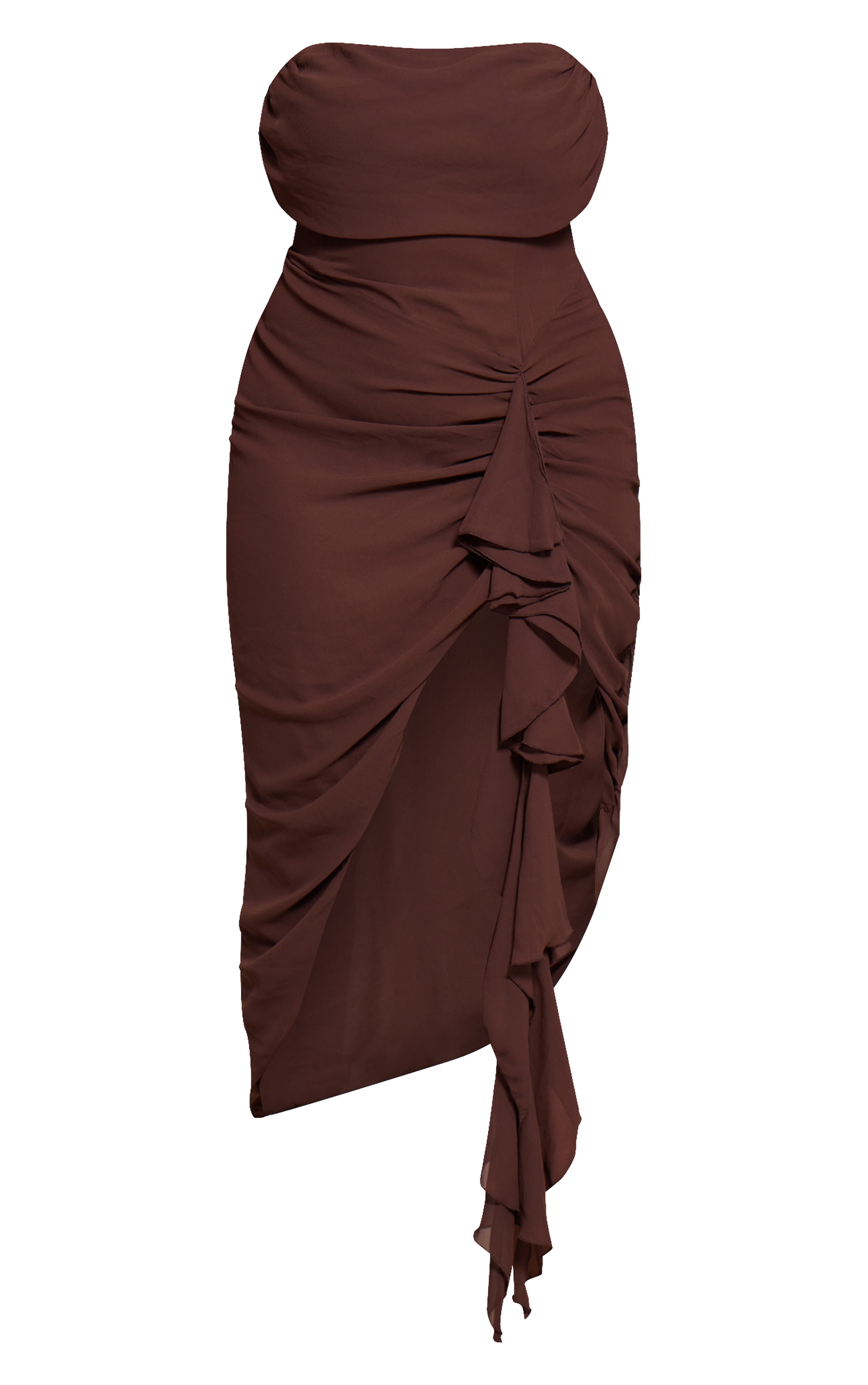 Plus Chocolate Chiffon Ruched Detail Bandeau Midi Dress image 5
