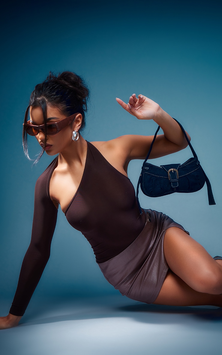 Brown One Shoulder Asymmetric Bodysuit image 1