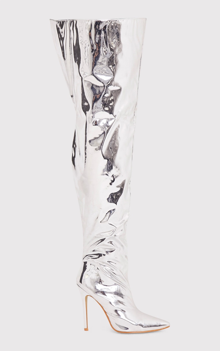 Trixy Silver Mirrored Thigh High Boots Boots PrettyLittleThing