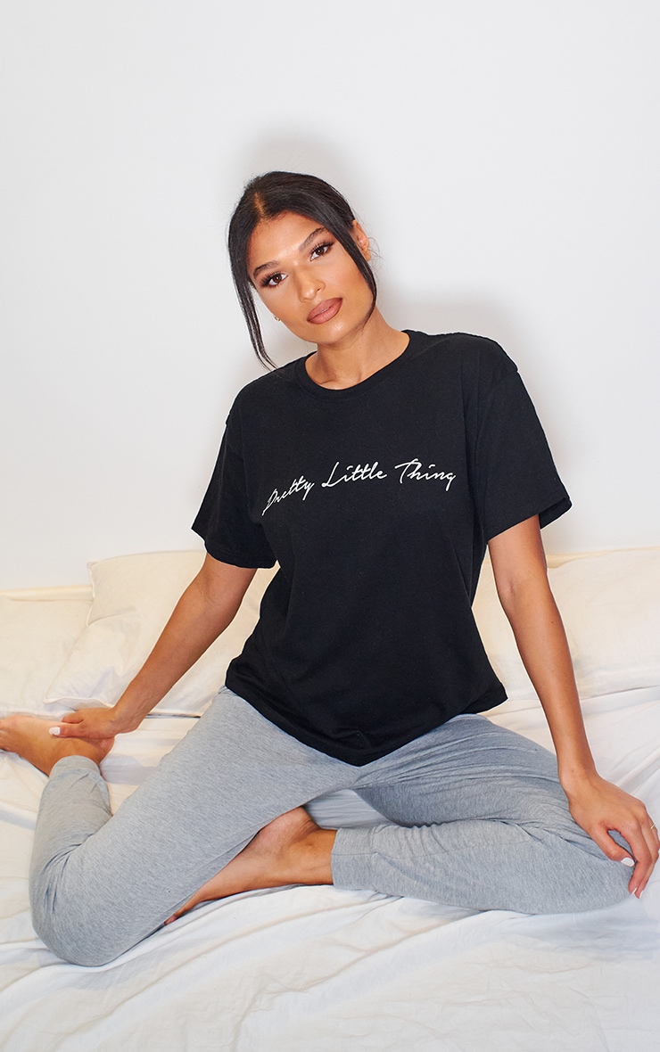 PRETTYLITTLETHING Script Logo Black Tee and Grey Jogger PJ Set
