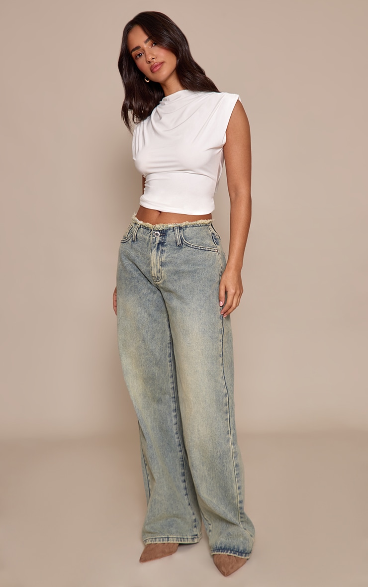 Petite Vintage Wash Fray Waist Low Rise Straight Leg Jeans image 2