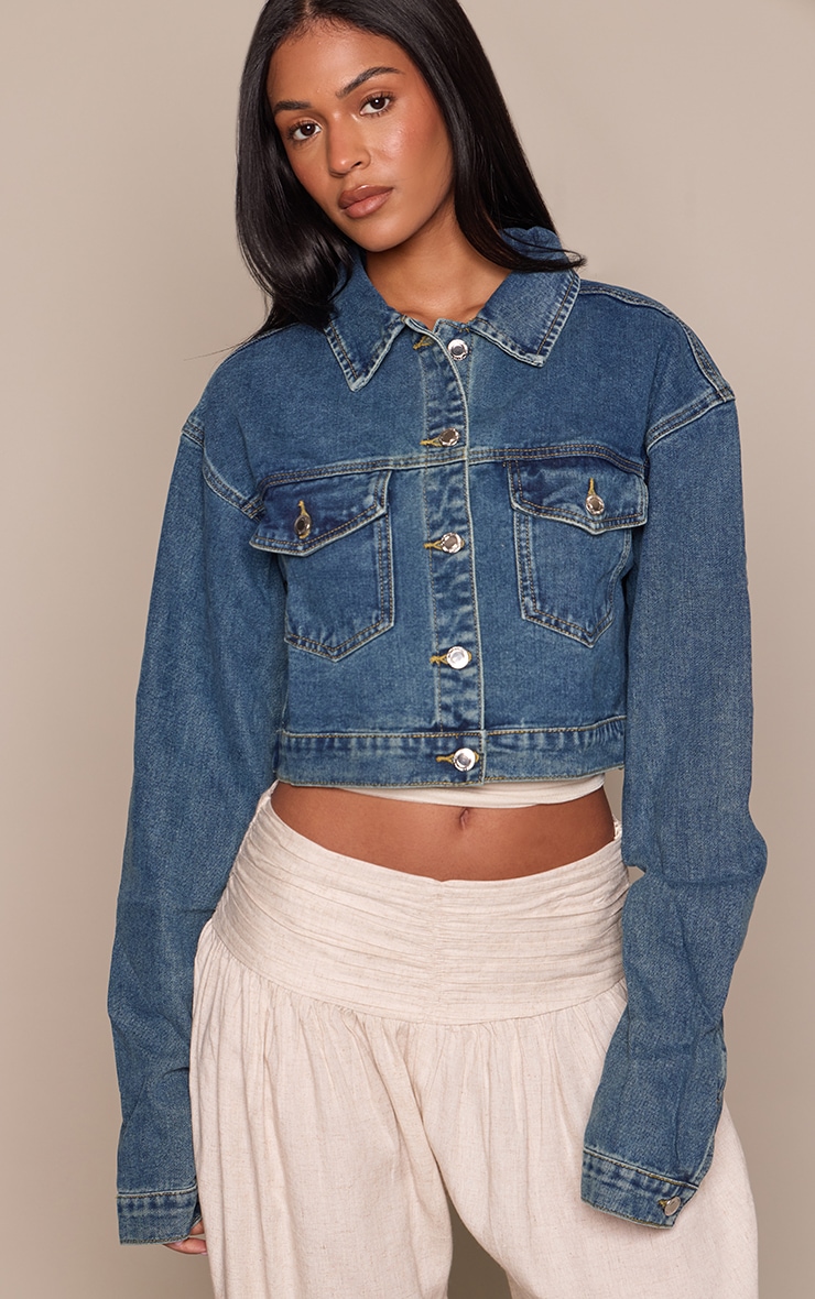 Tall Dark Blue Wash Pocket Detail Cropped Denim Jacket