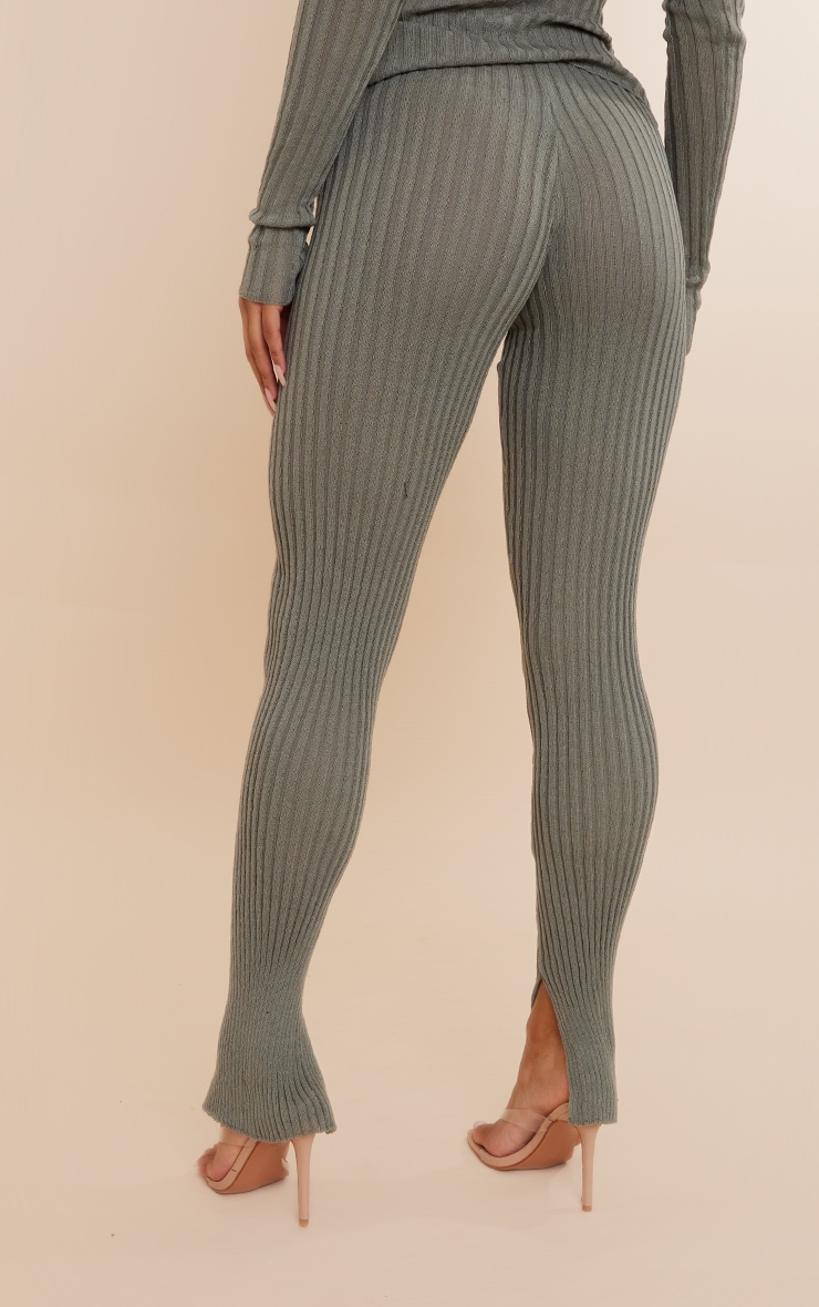 Khaki Ribbed Sheer Knit Flared Pants image 3