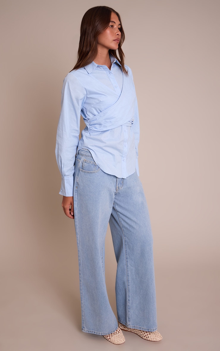 Light Blue Cotton Wrap Detail Longline Shirt image 3