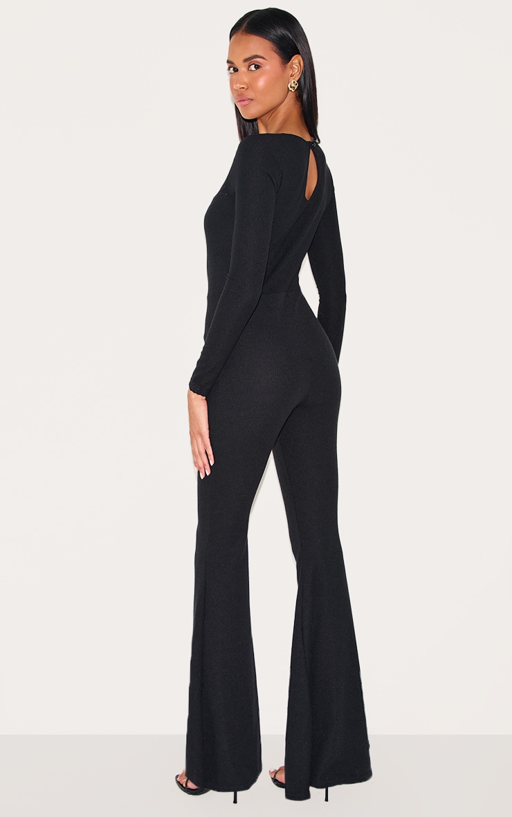 Black Ribbed Lace Trim Long Sleeve Flared Leg Jumpsuit image 2