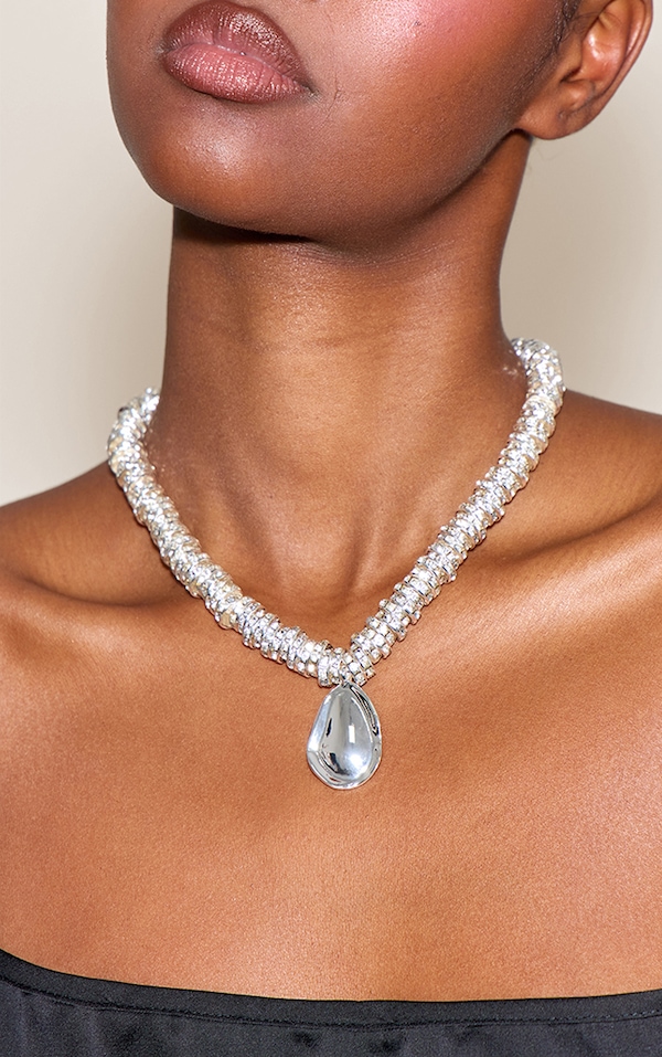 Silver Diamante Abstract Pendant Statement Necklace