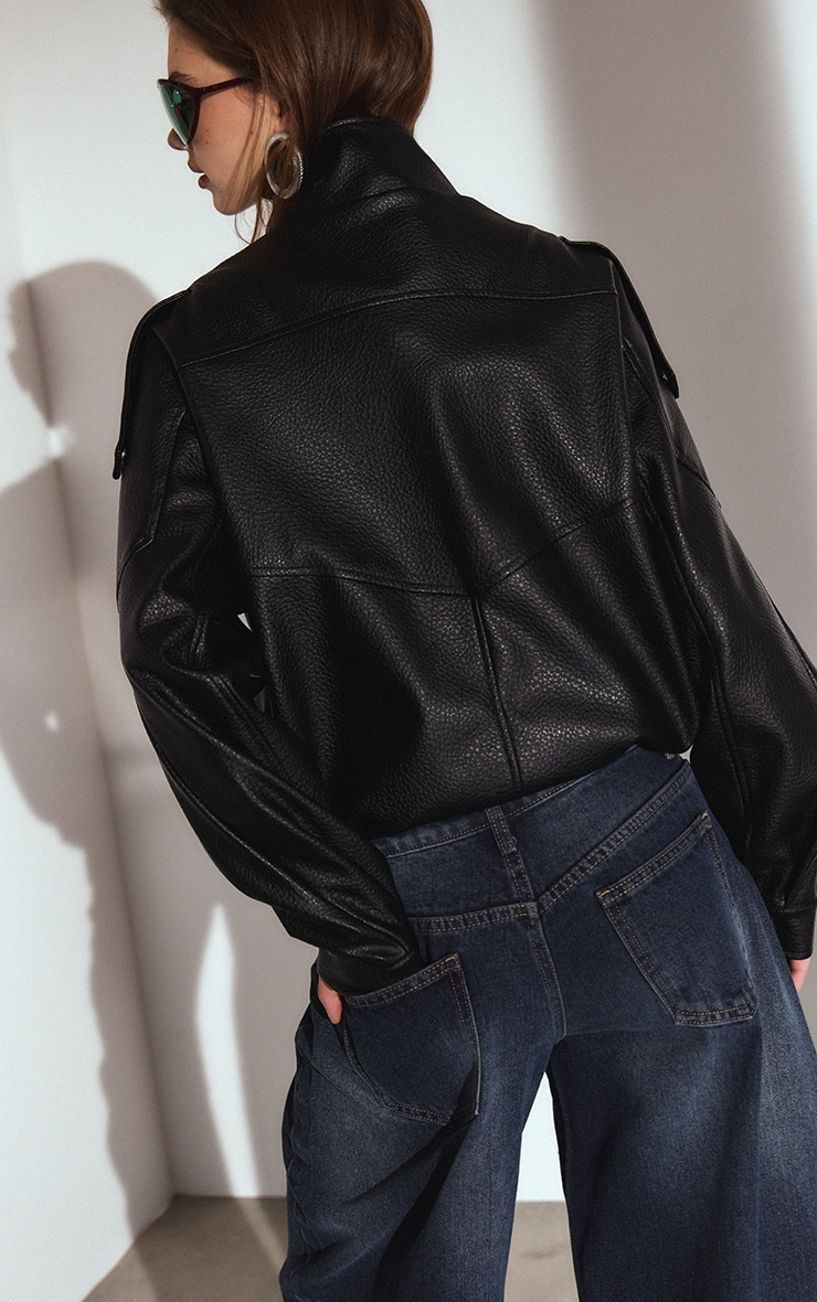 Black Funnel Neck Faux Leather Biker Jacket image 2