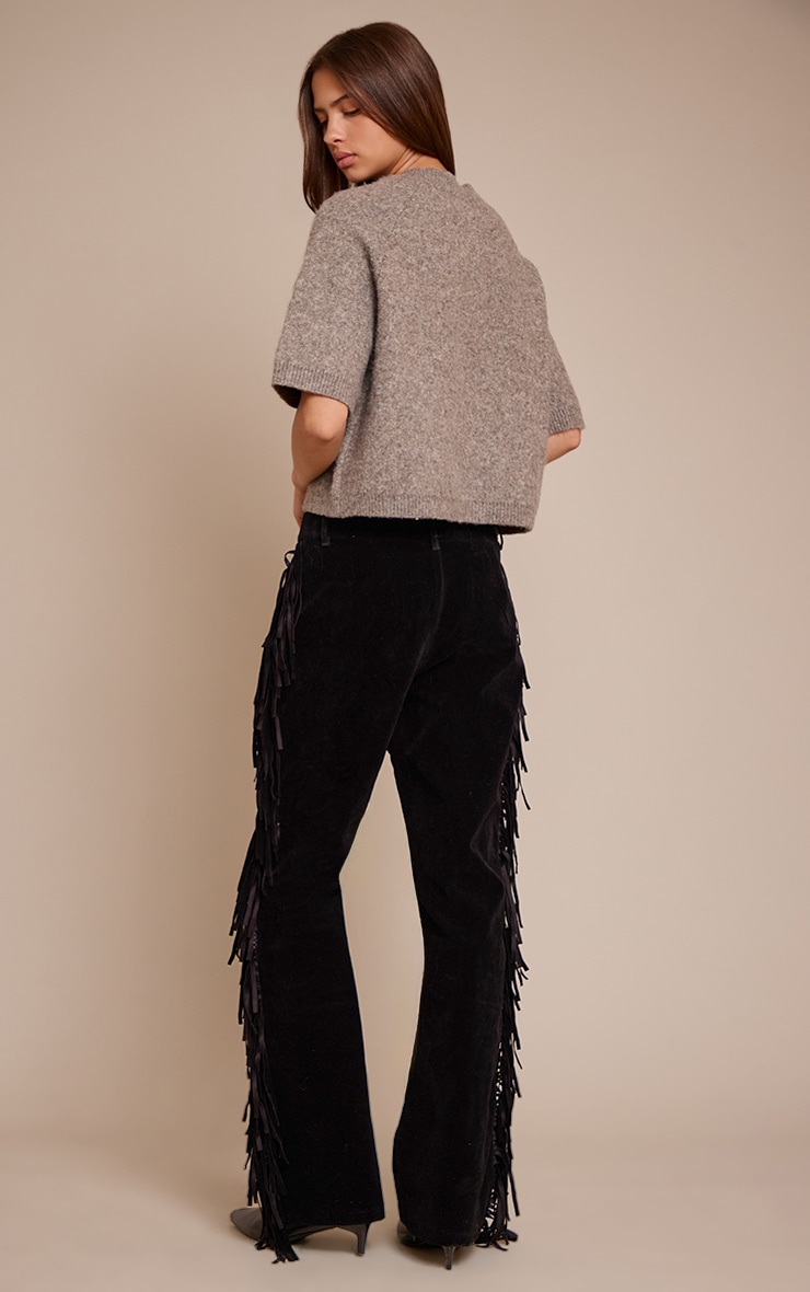 Black Faux Suede Fringe Straight Leg Pants image 3