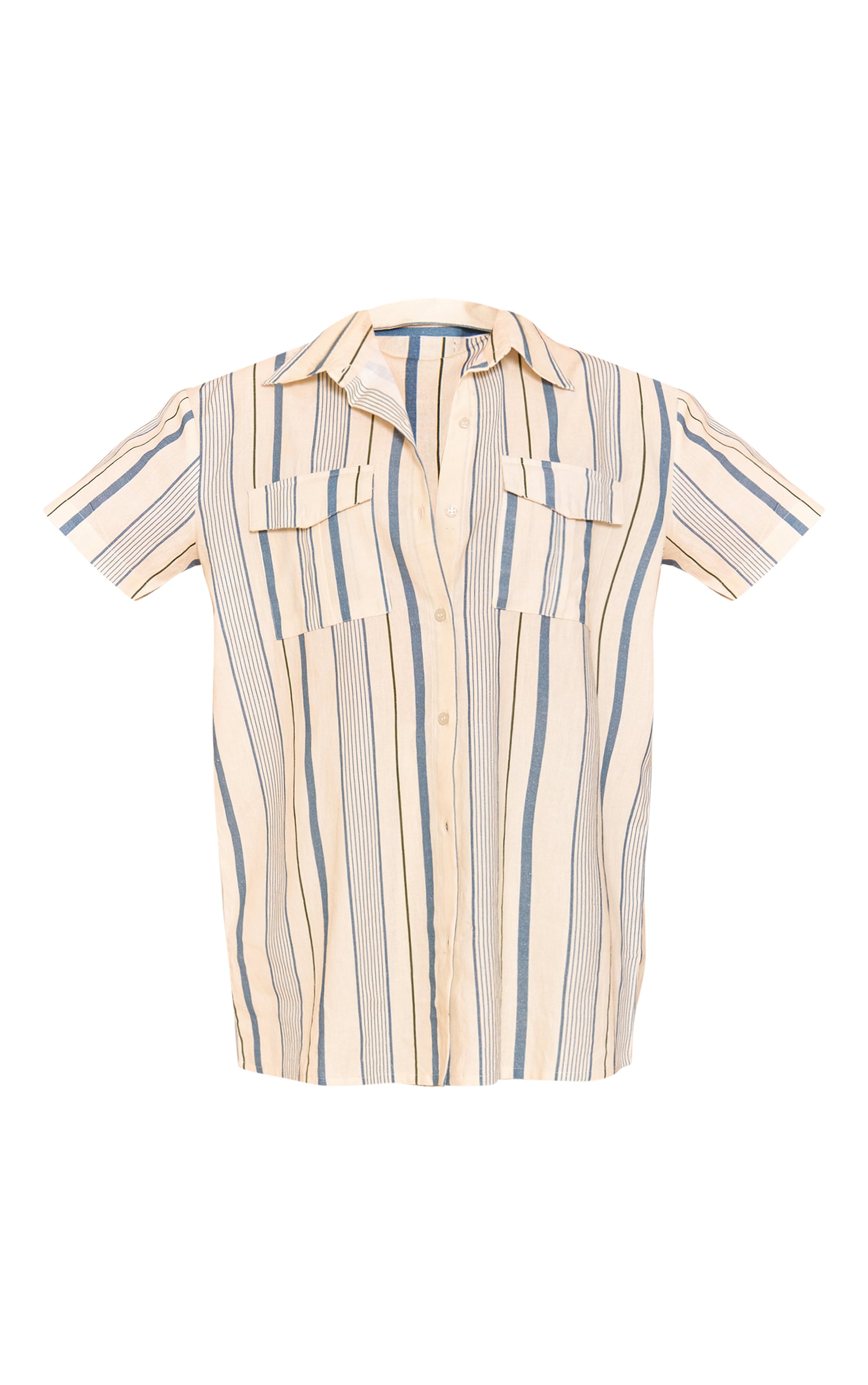 Blue Stripe Linen Look Pocket Front Short Sleeve Oversized Shirt image 2