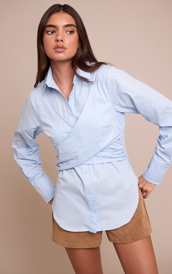 Light Blue Cotton Wrap Detail Longline Shirt