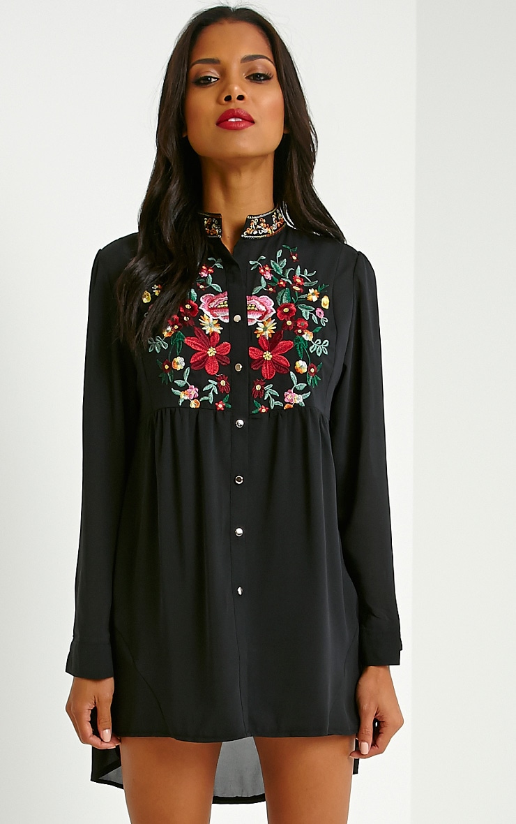 Exie Black Embroidered Sheer Shirt Dress PrettyLittleThing