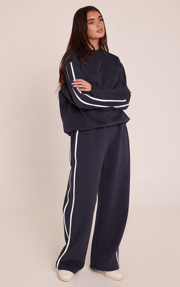 Navy PLT Tab Contrast Side Stripe Wide Leg Track Pants