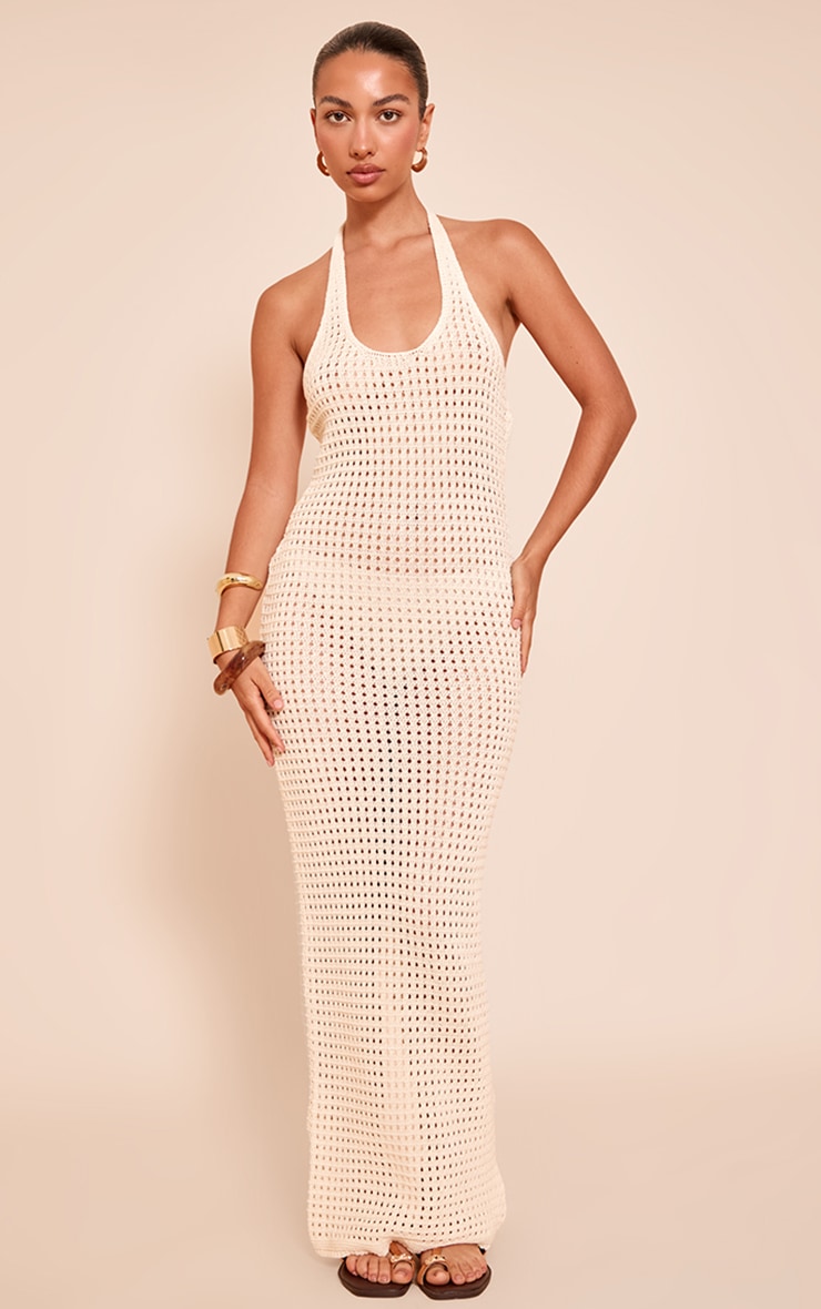Cream Crochet Halter Maxi Dress image 3