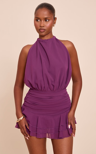 Purple Chiffon High Neck Frill Playsuit