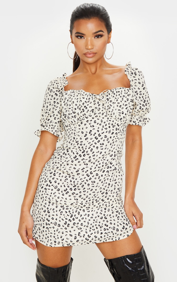 Cream Leopard Print Ruched Cup Puff Sleeve Shift Dress