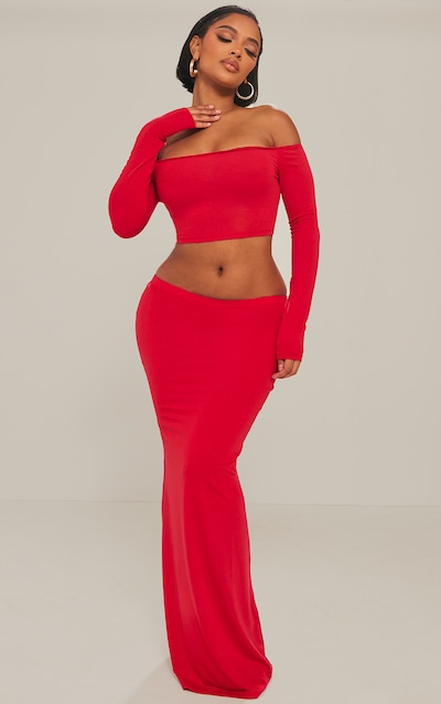 Shape Red Contour Jersey Low Rise Maxi Skirt