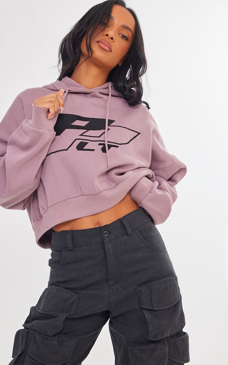 PRETTYLITTLETHING Purple Embroidered Cropped Hoodie image 4