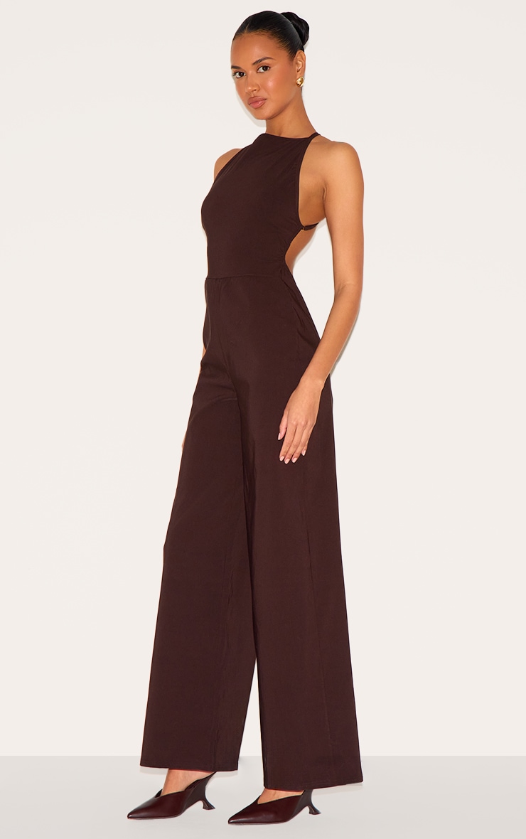 Dark Chocolate Stretch Woven Square Neck Wide Leg Jumpsuit image 3