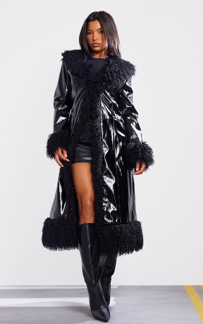 Black Shaggy Faux Fur Vinyl Trench Coat