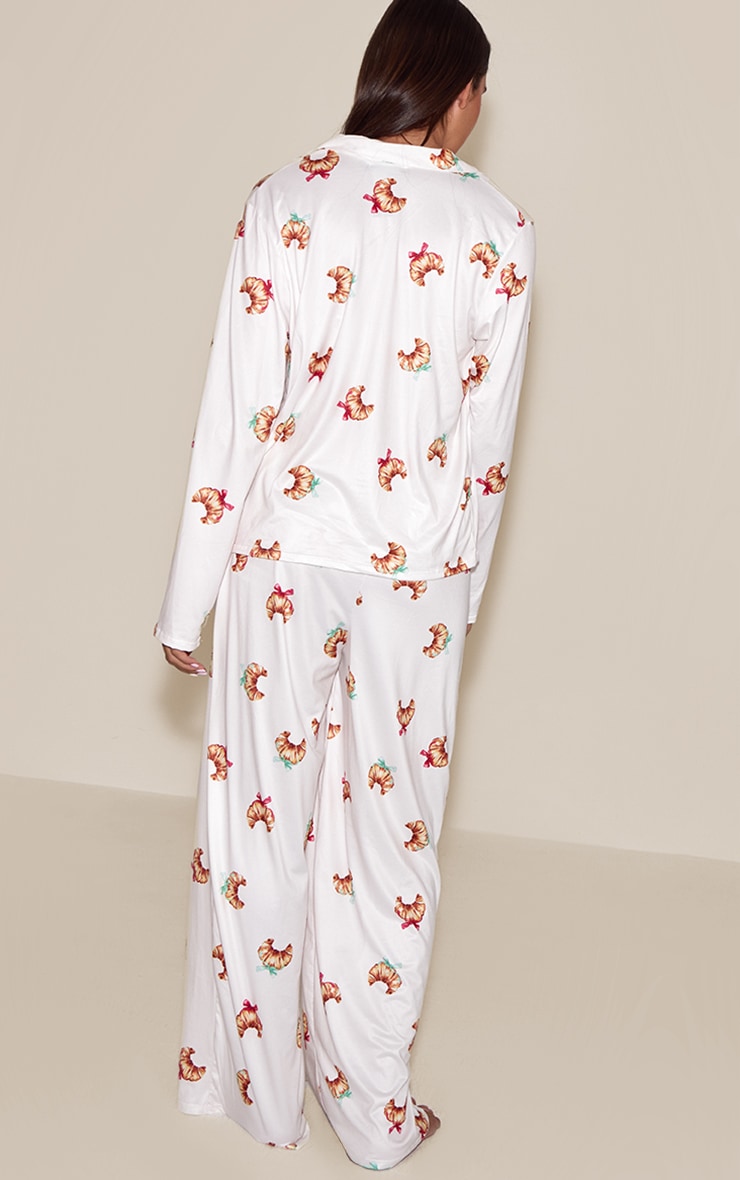 Cream Bow Croissant Long Sleeve Button Through PJ Set image 2
