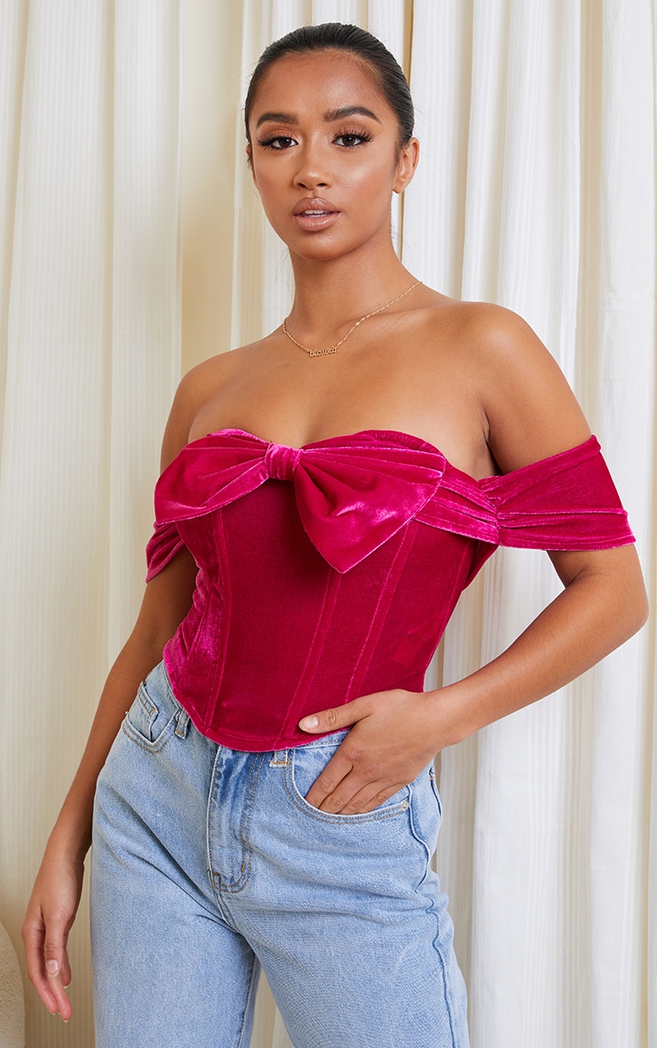 Petite Fuchsia Velvet Bow Detail Corset