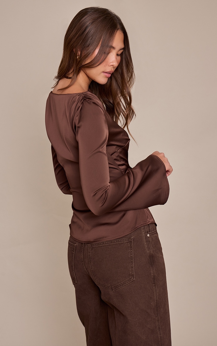 Chocolate Satin Boatneck Long Sleeve Top image 2