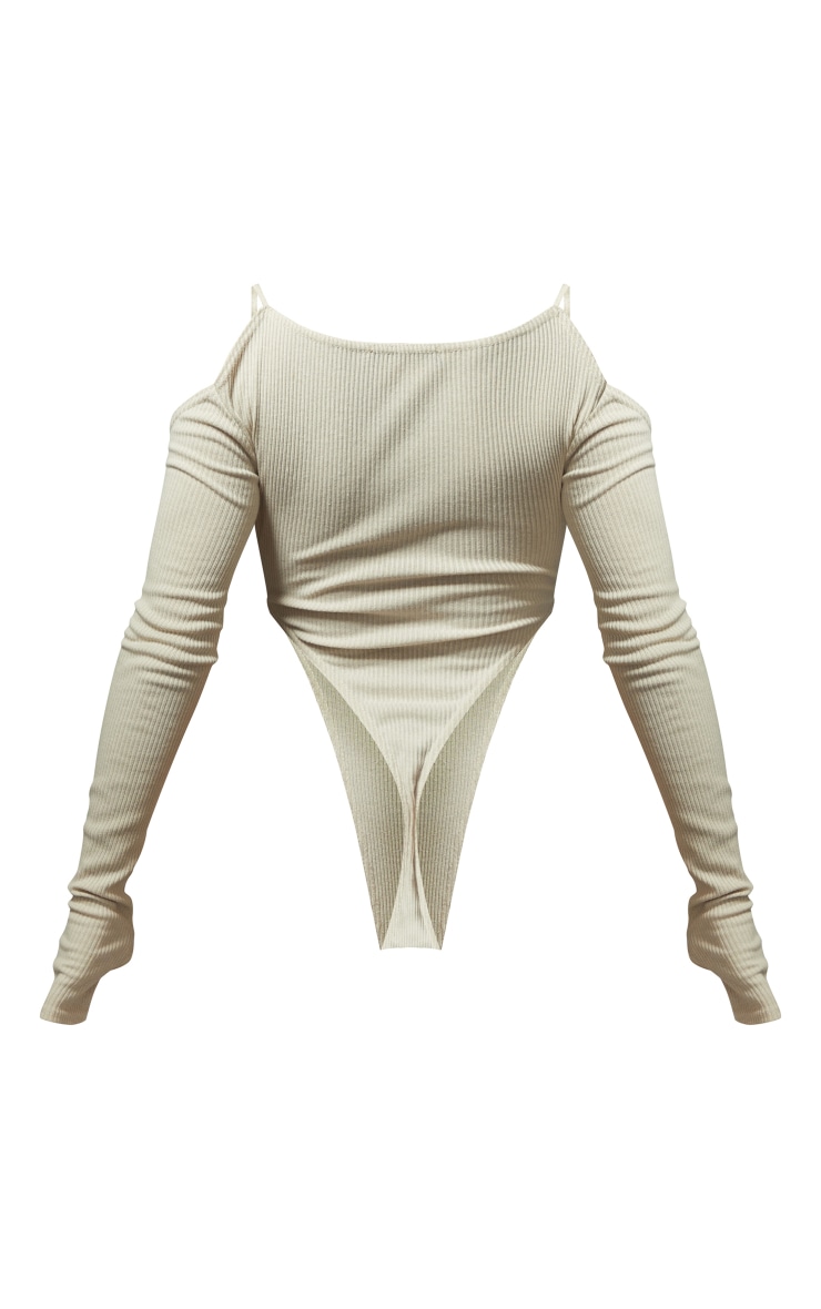 Stone Marl Rib Halter Plunge Long Sleeve Bodysuit image 2