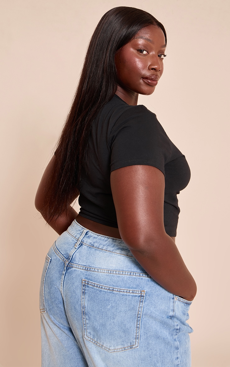 Plus Black Cotton Crew Neck Cropped Short Sleeve T-Shirt image 2