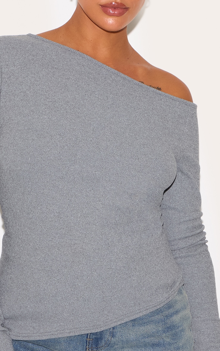 Plus Grey Bardot Soft Touch Rib Long Sleeve Top image 4