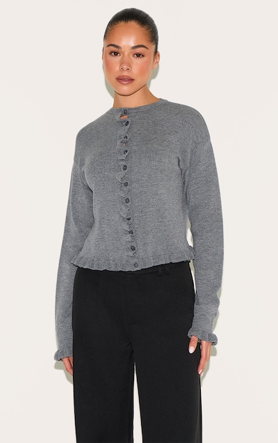 Grey Knit Ruffle Detail Cardigan