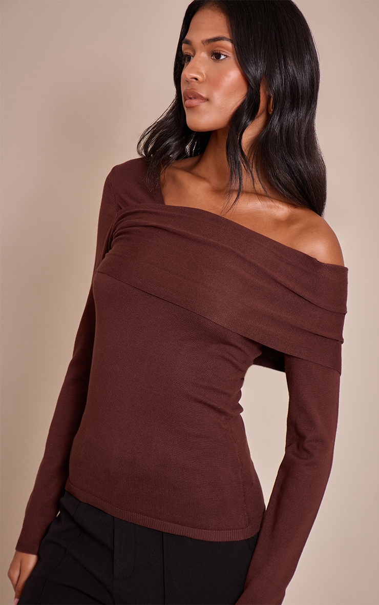 Tall Chocolate Long Sleeve Asymmetric Shoulder Knitted Top image 1