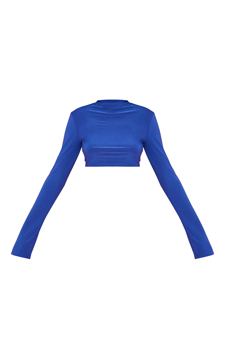 Bright Blue Slinky High Neck Long Sleeve Cropped Top image 5