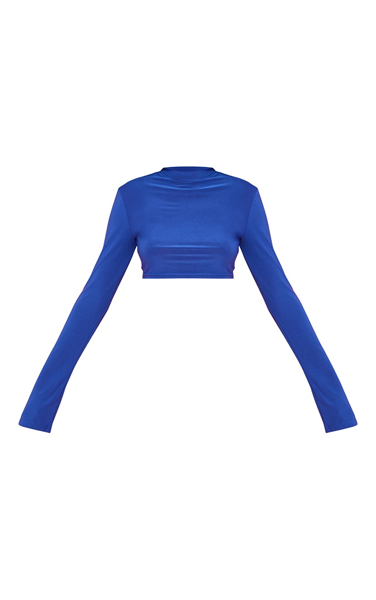 Bright Blue Slinky High Neck Long Sleeve Cropped Top image 5