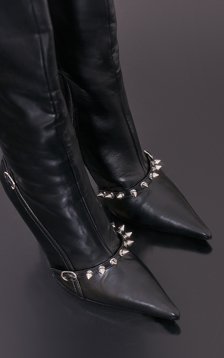 Black Spike Detail Point Toe Knee Boots image 4