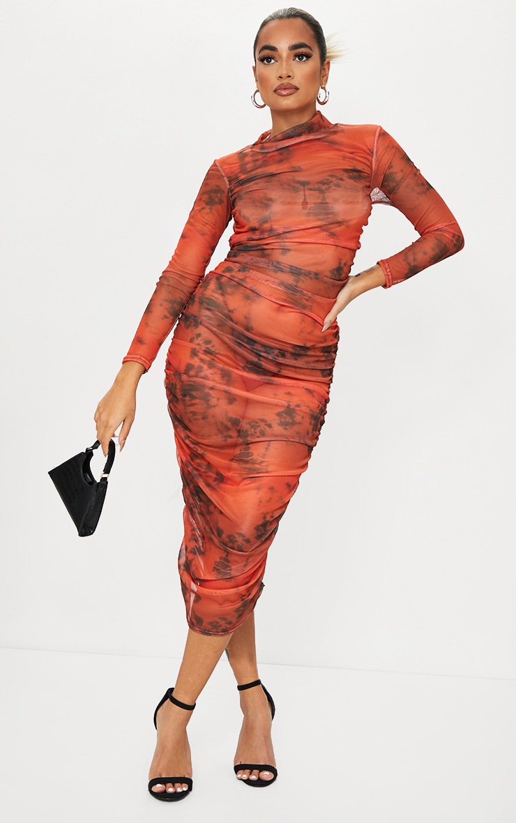 Petite Rust Acid Wash Ruched Meshed Midi Dress