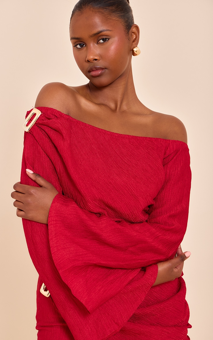  Tomato Red Textured Gold Detail Bardot Long Sleeve Top image 4