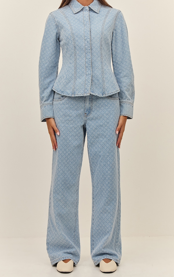 Light Blue Boucle Denim High Waist Straight Leg Jeans