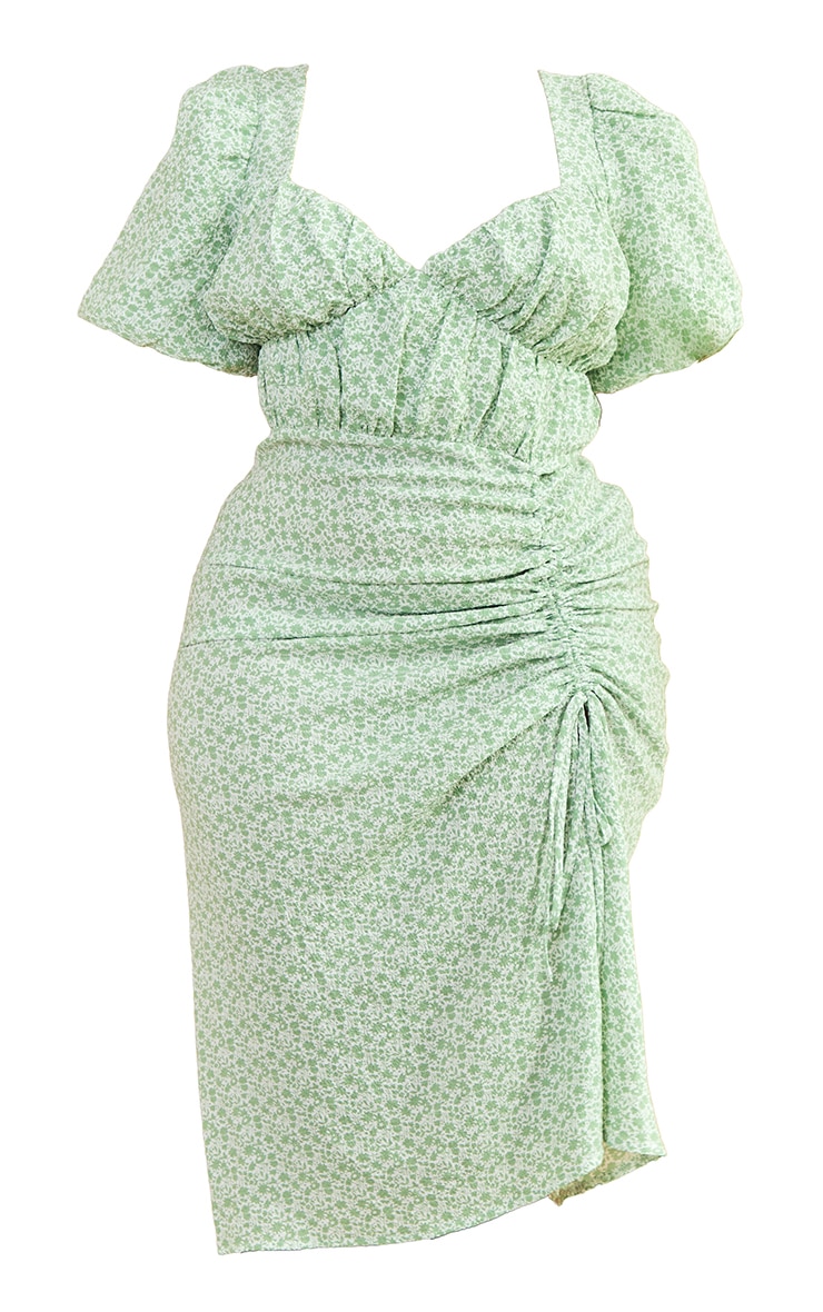 Plus Green Floral Puff Sleeve Ruched Side Split Midi Dress image 5