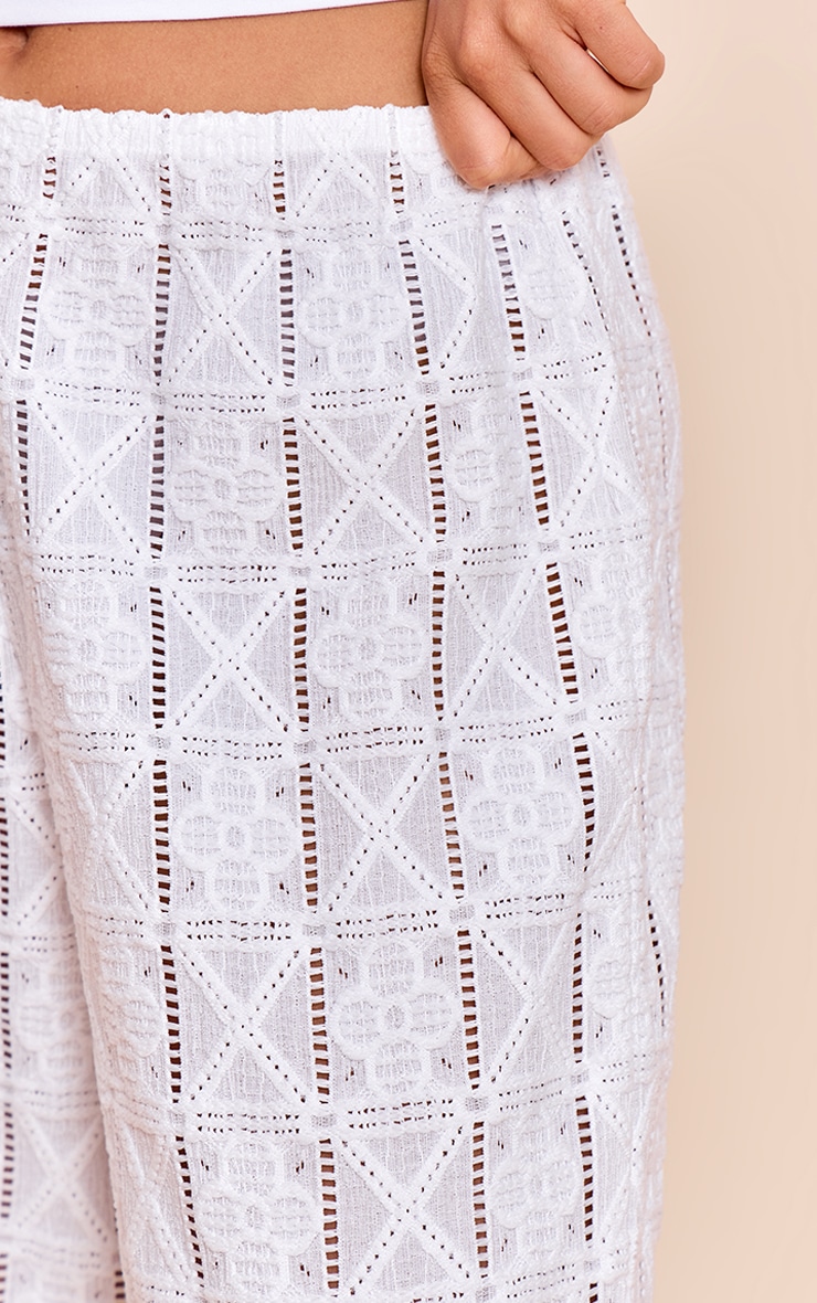 White Crochet Textured Wide Leg Pants image 3
