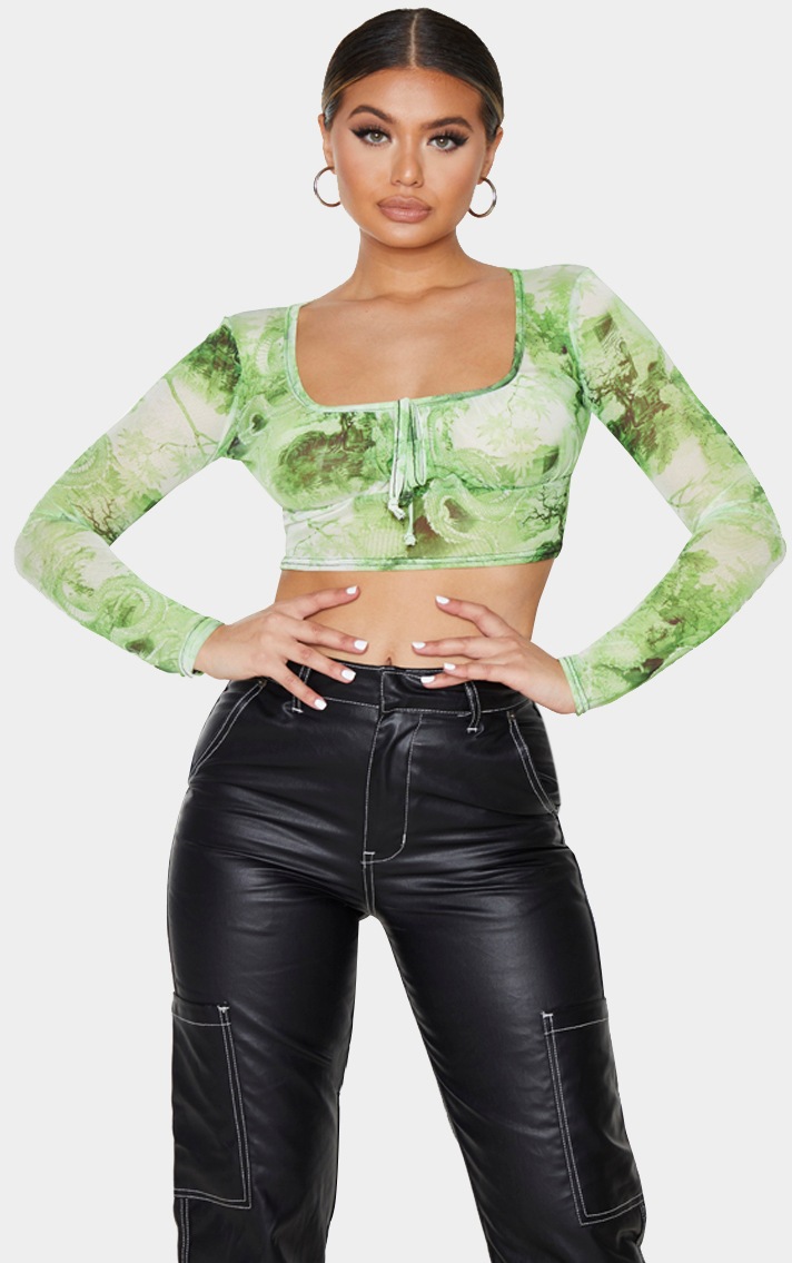 Lime Mesh Oriental Print Tie Front Long Sleeve Crop Top