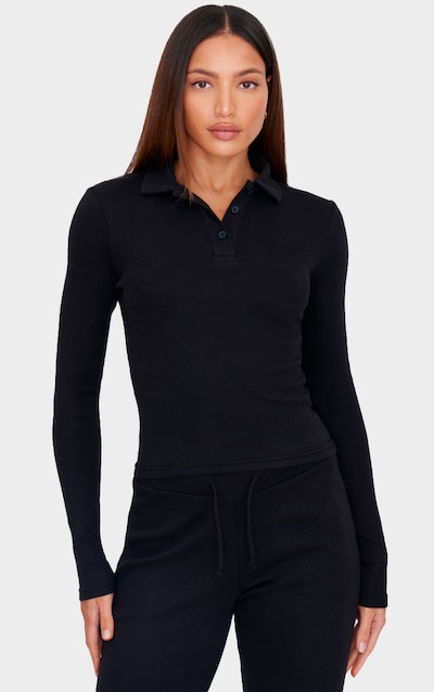 Tall Black Collared Long Sleeve Rib Top